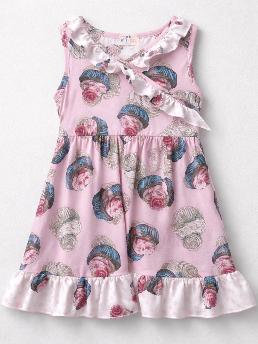 Pete & Lucy pink faux wrap cupcake print mill silk dress size 12-18 months